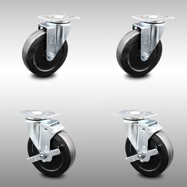 5 Inch SS Hard Rubber Wheel Swivel Top Plate Caster Set with 2 Brakes SCC